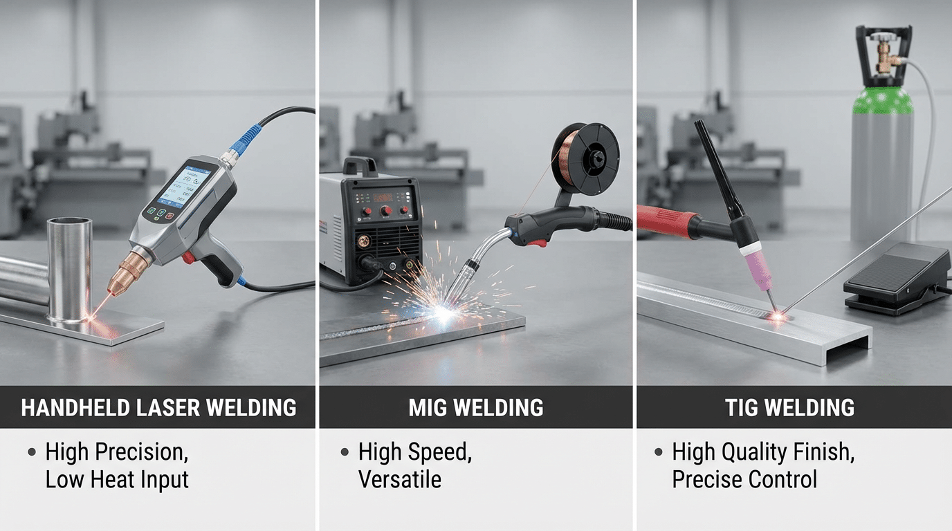 Close up of handheld laser welding nozzle and precise weld seam