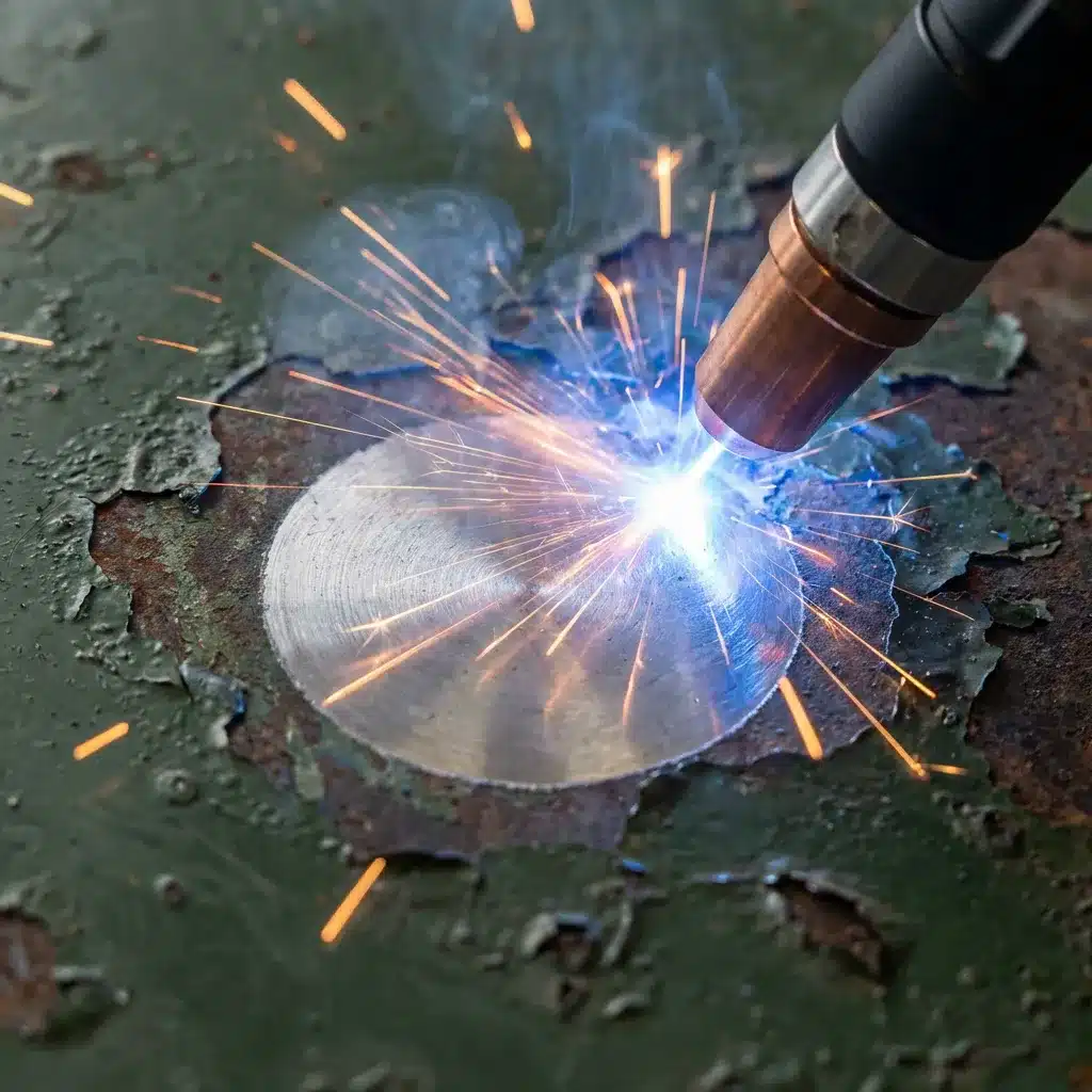 Laser paint removal machine in action on metal surface