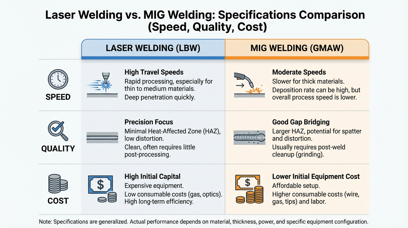 Comparison table of laser welding vs MIG welding
