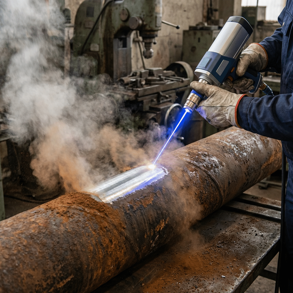 Laser rust removal on an iron pipe