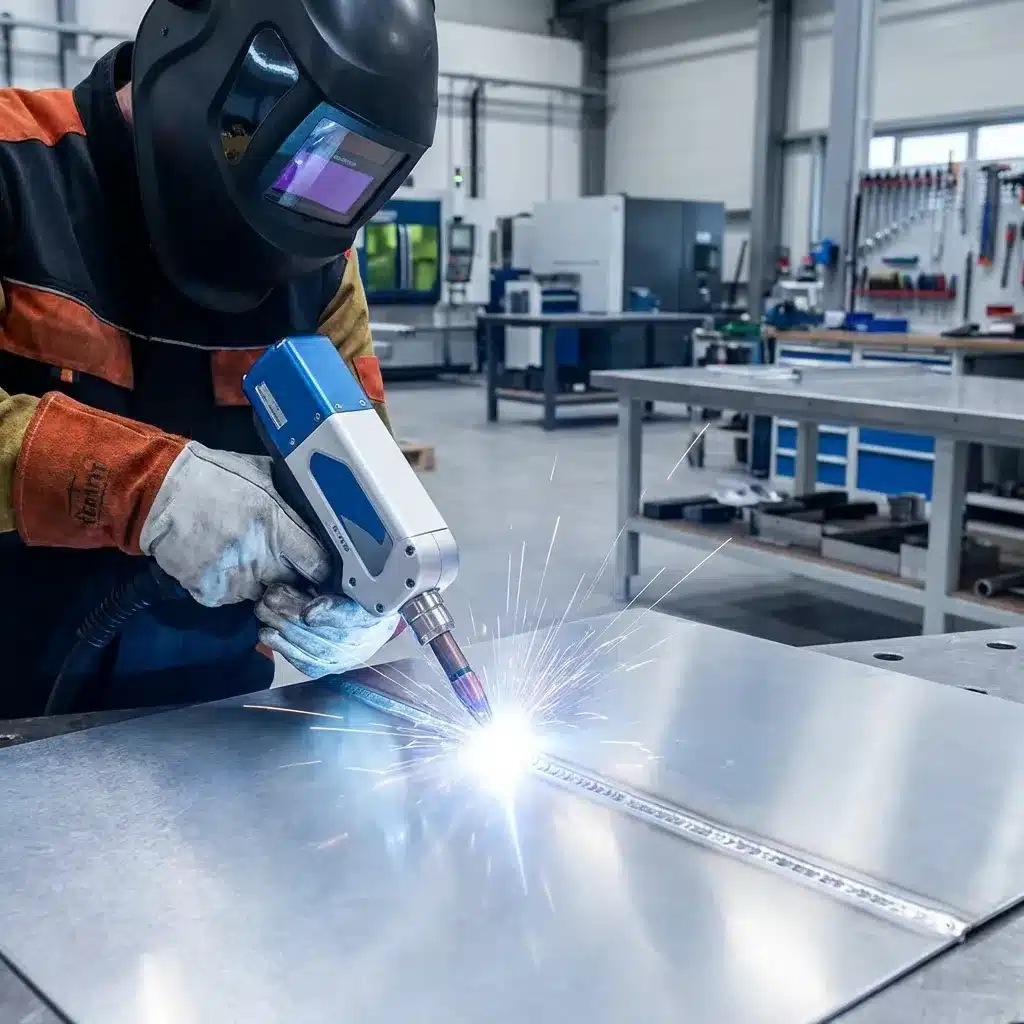 Aluminum laser welding process showing the interaction between the fiber laser beam and the aluminum surface